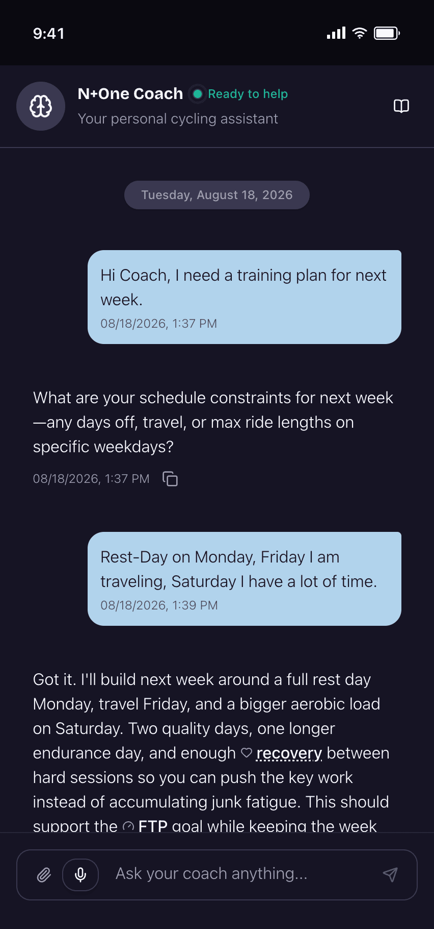 N+One coach chat conversation with user constraints and personalized weekly guidance
