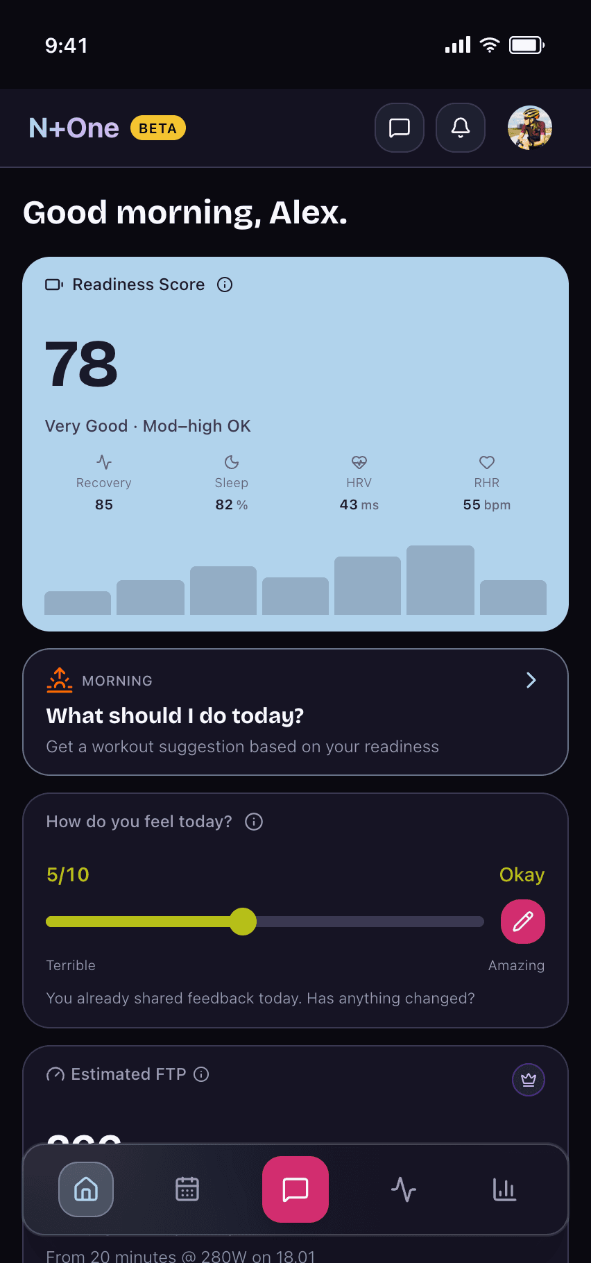 N+One home overview with readiness score, coach prompt, and estimated FTP
